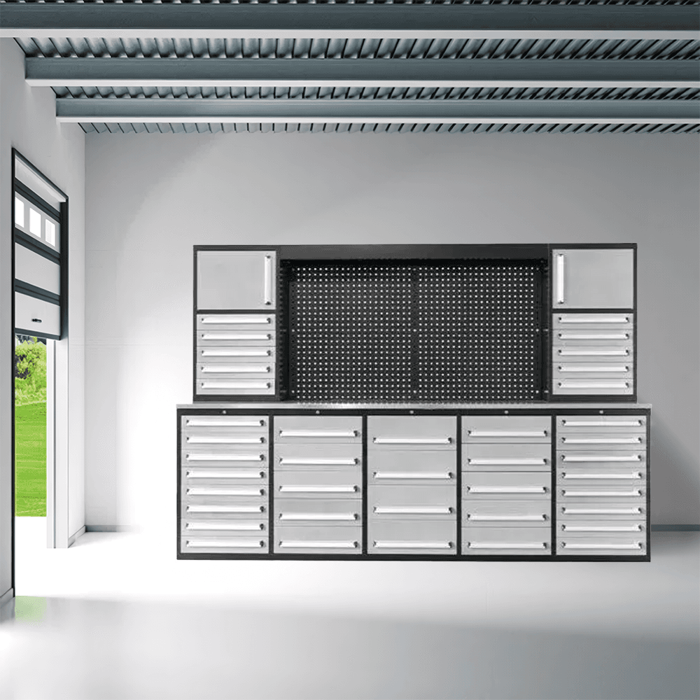 Value Industrial Silver 10FT-40D-3 Workbench Cabinets - 10 foot wide - 40 drawers