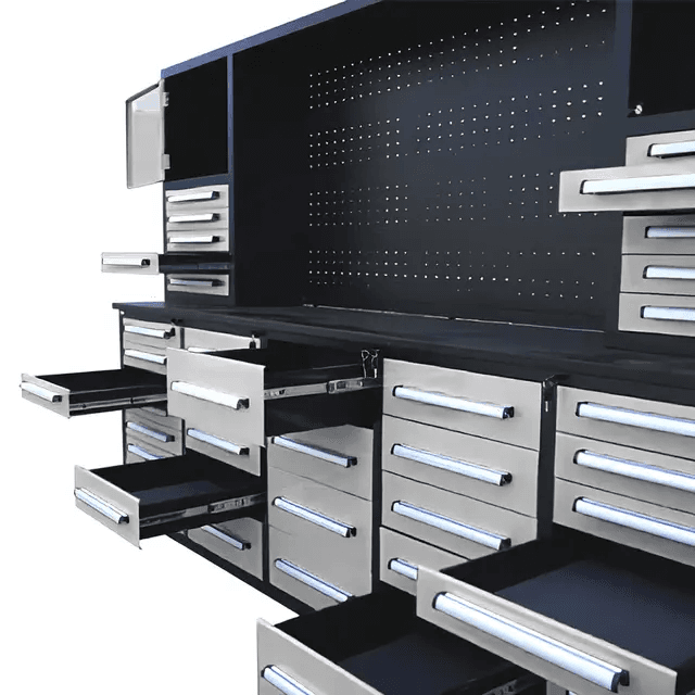 Value Industrial Silver 10FT-40D-3 Workbench Cabinets - 10 foot wide - 40 drawers